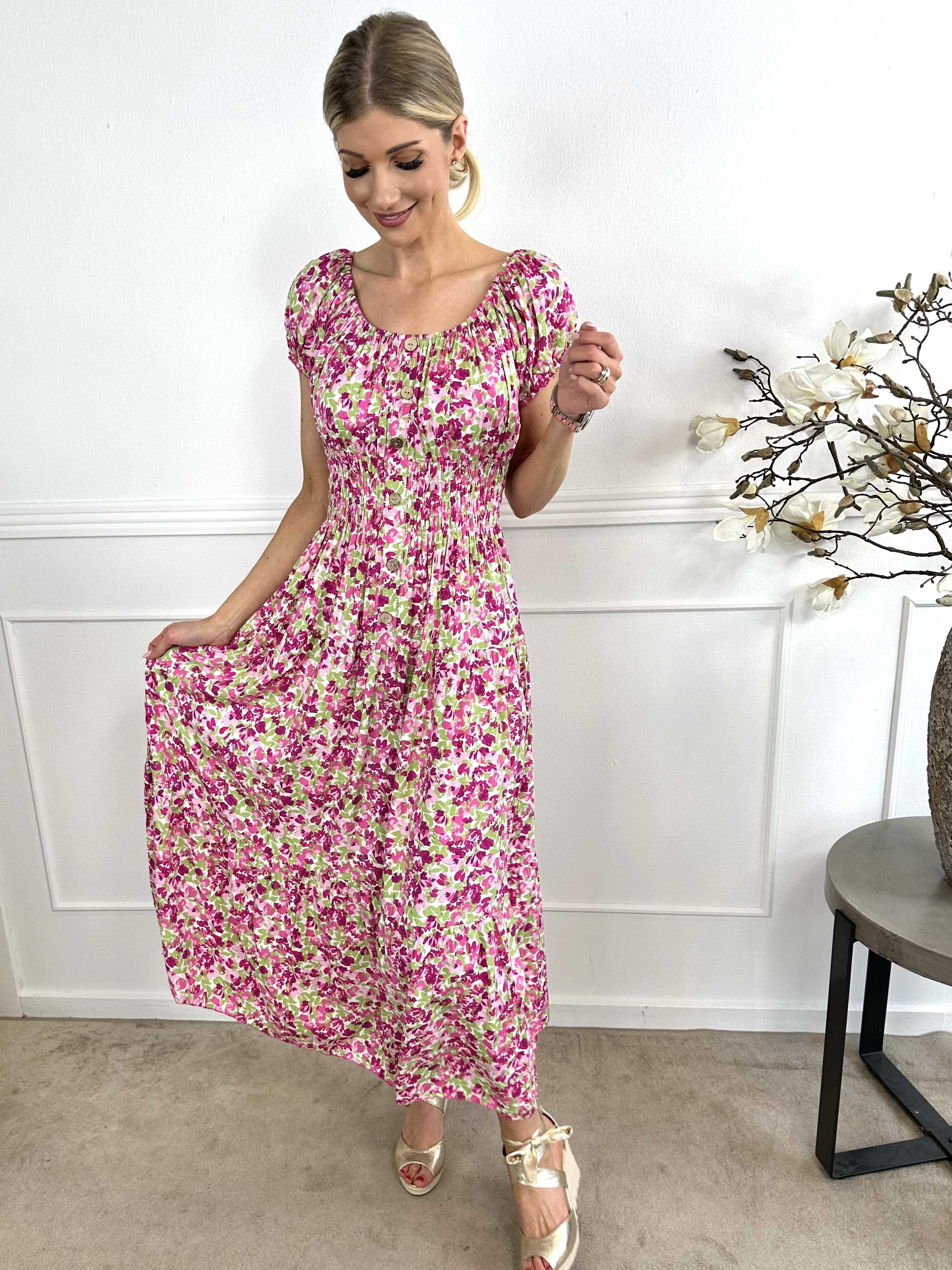 Elise Art - Lång mönstrad klänning med smock och träknappar